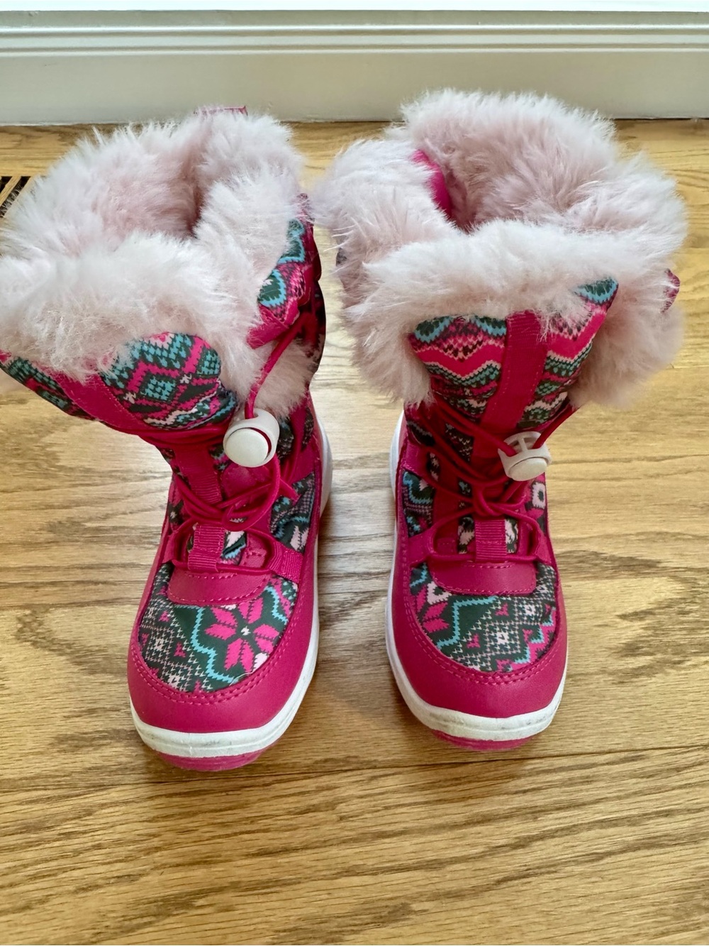Girls Pink Faux-Fur Lined Snow Boots with Patterned Upper